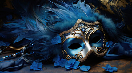 Blue and gold Venetian carnival mask with feathers, copy space.