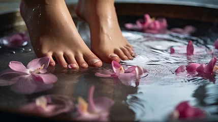 Foto op Plexiglas A woman is seen soaking her feet in water with floating petals in a grey bowl at a luxurious beauty spa. A woman's feet are shown during a pedicure procedure at a wellness center. A concept © Shabnam