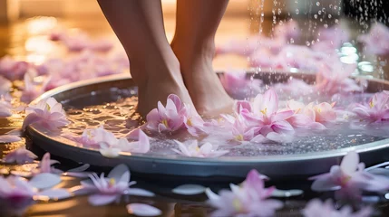 Küchenrückwand glas motiv A woman is seen soaking her feet in water with floating petals in a grey bowl at a luxurious beauty spa. A woman's feet are shown during a pedicure procedure at a wellness center. A concept © Shabnam