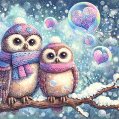 A romantic couple of owls with scarves, together on a tree branch, with a blurred winter scenery, and floating hearts. Romantic digital art template, suitable for cards, or posters. Generative AI