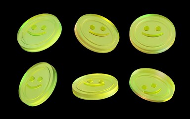 set of glass coins. transparent colorful 3d smiles. 3d rendering illustration of emojis. futuristic modern 3d coins isolated on dark background