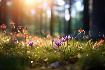 The landscape of colorful flowers in a forest with the focus on the setting sun. Soft focus