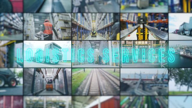 Logistics services, cargo transportation multiscreen infographics. Logistics and cargo transportation inscription opening frame