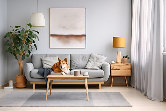 Stylish and scandinavian living room interior of modern apartment with gray sofa, design wooden commode, wooden table, lamp, abstract paintings on the wall. Beautiful dog lying on the couch