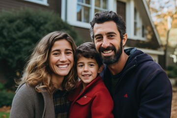 Obraz premium Portrait of a happy young family in front of a house
