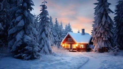 A wonderful winter scene with a glowing wooden cabin in a snowy forest. A cozy house in the...