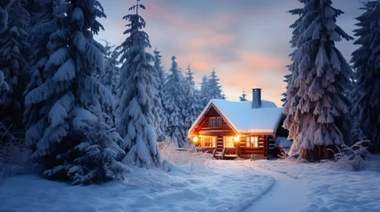 Fotobehang A wonderful winter scene with a glowing wooden cabin in a snowy forest. A cozy house in the Carpathian mountains. A concept for Christmas holidays. © Shabnam