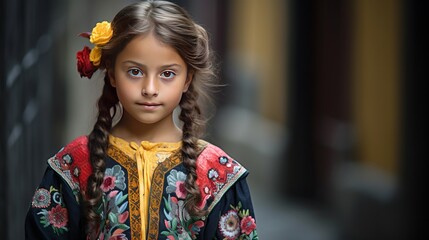 Fototapeta premium A typical dress is worn by an indigenous girl in Antigua Guatemala.