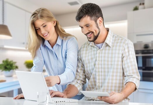Happy couple with laptop for planning, investment, AI generated image