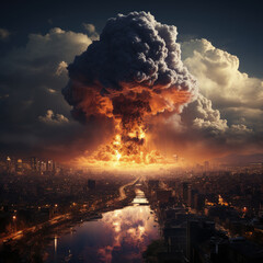 Fantastic landscape, scenery with river, city and nuclear, hydrogen, thermonuclear bomb giant explosion