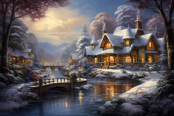 Obraz premium The spirit of winter, featuring a festive holiday landscape adorned with glistening snow, cozy houses aglow with twinkling lights. Ai generated