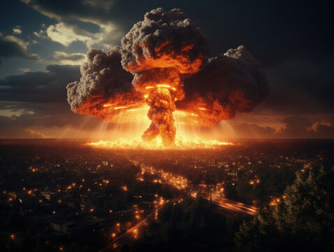 Fantastic landscape, scenery with river, city and nuclear, hydrogen, thermonuclear bomb giant explosion