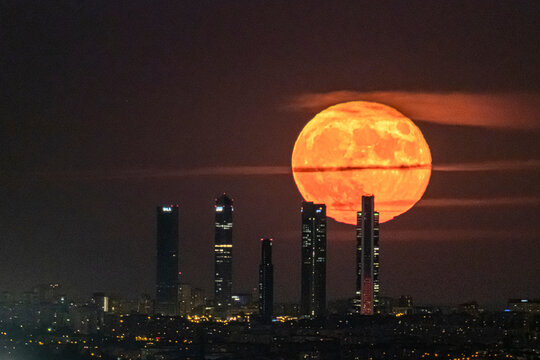 The Blue Moon, full moon at perigee, behind the Cuatro Torres skyscrapers in Madrid, Spain