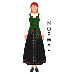 A woman in a Norwegian folk costume and headdress. Culture and traditions of Norway. Illustration, vector
