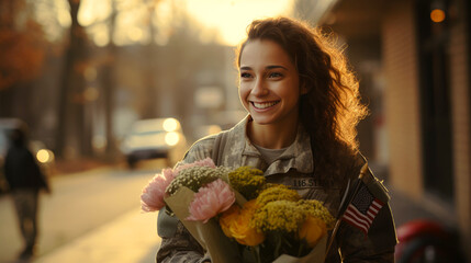 Courageous female american soldier returning home from the army - obrazy, fototapety, plakaty