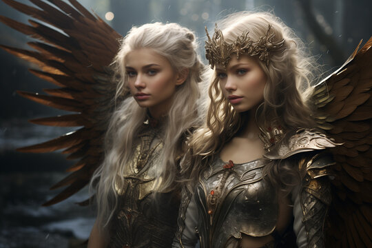 two fantasy characters. beautiful female warriors with fairy or angel wings