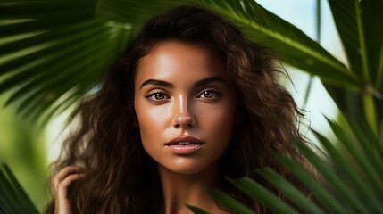 A woman who has perfect skin and natural makeup is holding tropical leaves
