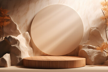 Product display stand japanese style. Minimalist round platforms with shadow for product presentation. Cosmetic for Beauty product.