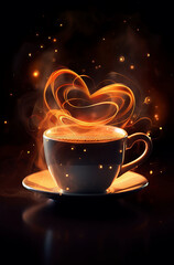 cup of hot coffee with hearts and glows light