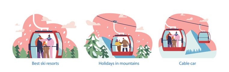 Isolated Elements with Characters In A Cable Car Enjoy Breathtaking Views, Captivated By The Scenic Beauty of Ski Resort