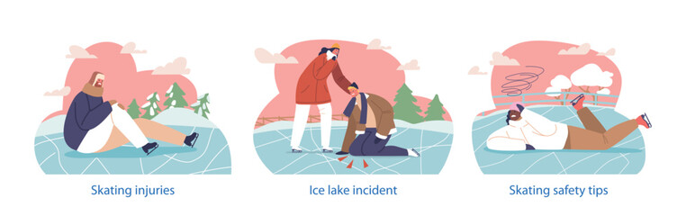 Isolated Elements With Male And Female Characters Falling On Ice Rink, Getting Trauma And Injuries. Skating Incidents