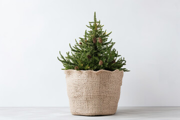 Christmas alternative cypress tree in jute basket as decoration for natural home interior. Xmas festive holiday. Minimal scandinavian style.