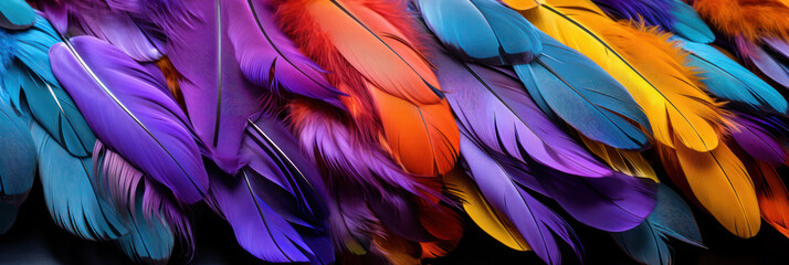 Beautiful multi-colored feathers of a fantastic bird, banner of colorful feathers