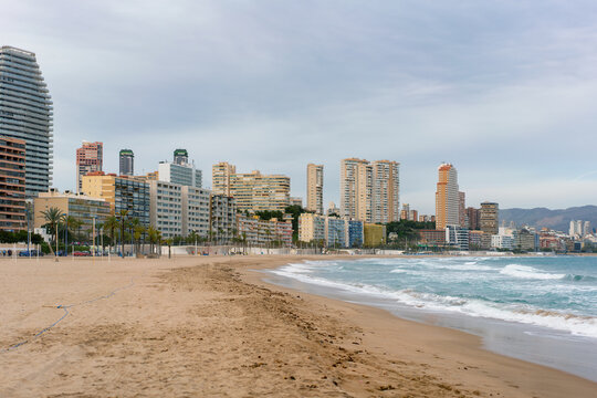 Benidorm beach with hotels on a cloudy day, Benidorm, Costa Blanca, Alicante Province, Spain