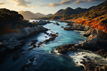 Serene Sunset over Rocky Seaside Horizon. A stunning sunset over a peaceful ocean shoreline with rocky reflections.