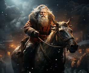 Fototapeta premium Portrait of gray-haired bearded senior man in winter clothing, outwear and hat riding a horse on background of snowy winter night 