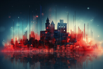 City skyline blended with the dynamic lines of a stock chart graph in a striking red and blue color theme. Ai generated - obrazy, fototapety, plakaty