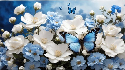 "Harmony of Beauty: White and Blue Flowers with Butterfly on a White Background"