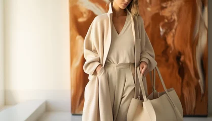 Foto op Plexiglas Young woman wearing soft beige clothing with tote bag in style of New-Age Minimalism or Quiet Luxury style © Svetlana Kolpakova