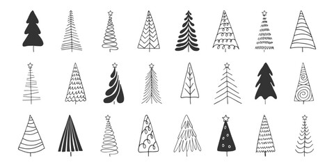 Doodle spruce pine fir tree black line drawn isolated on white. Abstract hand drawn simple Christmas tree collection. Winter holidays symbol. Design element