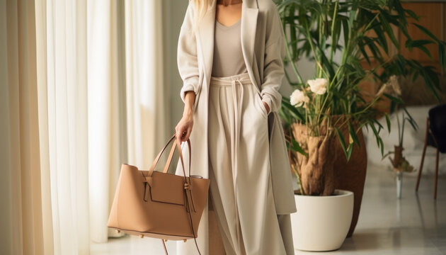 Young woman wearing soft beige clothing with tote bag in style of New-Age Minimalism or Quiet Luxury style