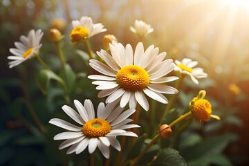 realistic Idyllic daisy bloom in spring summer autumn season with yellow sun ray in evening or morning , sun ray , background 