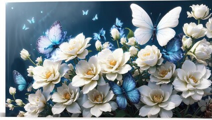 "Harmony of Beauty: White and Blue Flowers with Butterfly on a White Background"