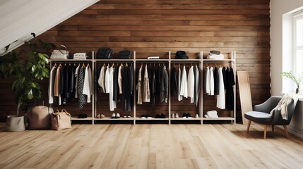 A wooden floor is filled with women's clothing