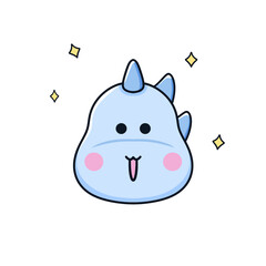 Cute contented blue dinosaur is happy, cartoon emoji
