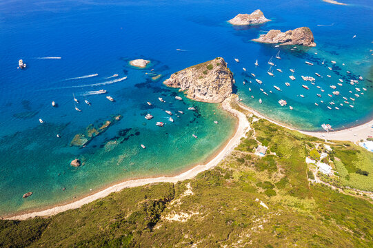 Aerial view of the coast of the wild island of Palmarola, Ponza municipality, Mediterranean Sea, Pontine archipelago, Latina Province, Latium (Lazio)
