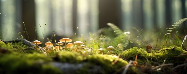 The landscape of green grass, moss and mushrooms in a rainforest with the focus on the setting sun. Soft focus - obrazy, fototapety, plakaty
