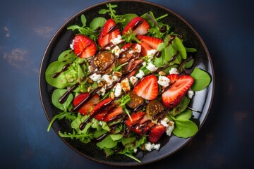 Gourmet Salad with Fresh Strawberries, Mixed Greens, Goat Cheese, and Balsamic Vinaigrette - A Culinary Celebration of Freshness and Flavor on a Single Plate