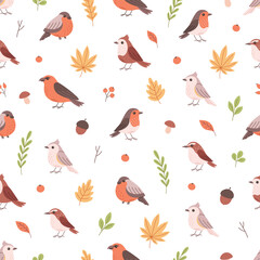 Cute birds and autumn leaves seamless pattern. Vector illustration in flat style