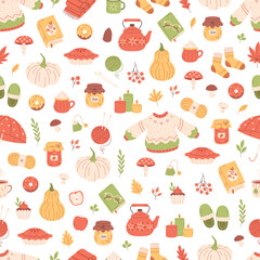 Cute and cozy autumn elements seamless pattern. Autumn plants, food, harvest festival and thanksgiving day attributes. Vector illustration in flat style