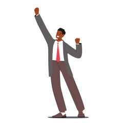 Triumphant Businessman Character Celebrates With Raised Arms, Exuding Confidence And Success, Symbolizing Achievement