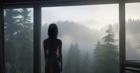 Fototapeta na wymiar a woman, framed from behind, looking out to a misty forest from her balcony, embracing solitude