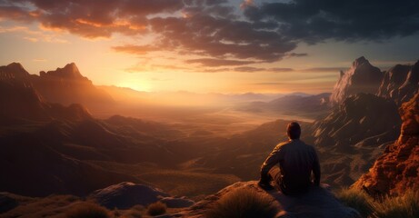 a young man sitting at the edge of a cliff during sunset, overlooking vast valleys