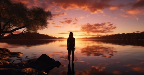 a silhouette of a woman by a lakeside, with her reflection clear in the calm waters