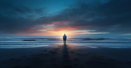 a solitary figure standing at the ocean's edge during early dawn, captured from behind