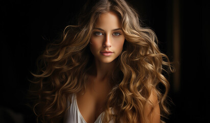 Portrait of young sexy, hot woman with long wavy hair isolated on dark background